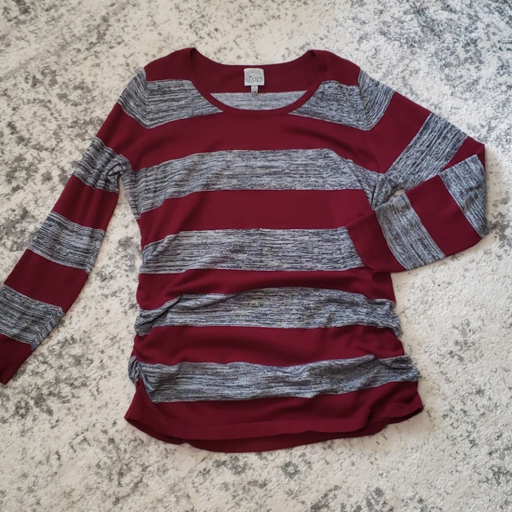Gray and Burgundy rouched sweater